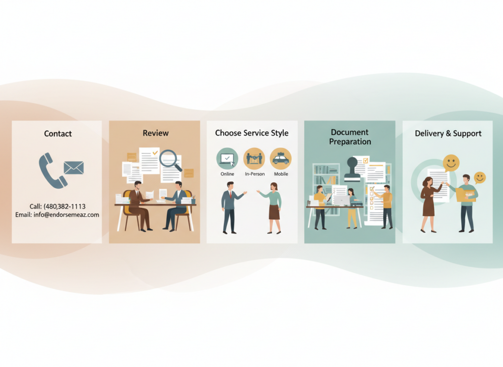 Legal document preparation process illustration for Endorse Me LLC in Arizona, showing five steps: contact (with phone number 480-382-1113 and email info@endorsemeaz.com), review, choose service style, document preparation, and delivery/support. Arizona-inspired gradient background.