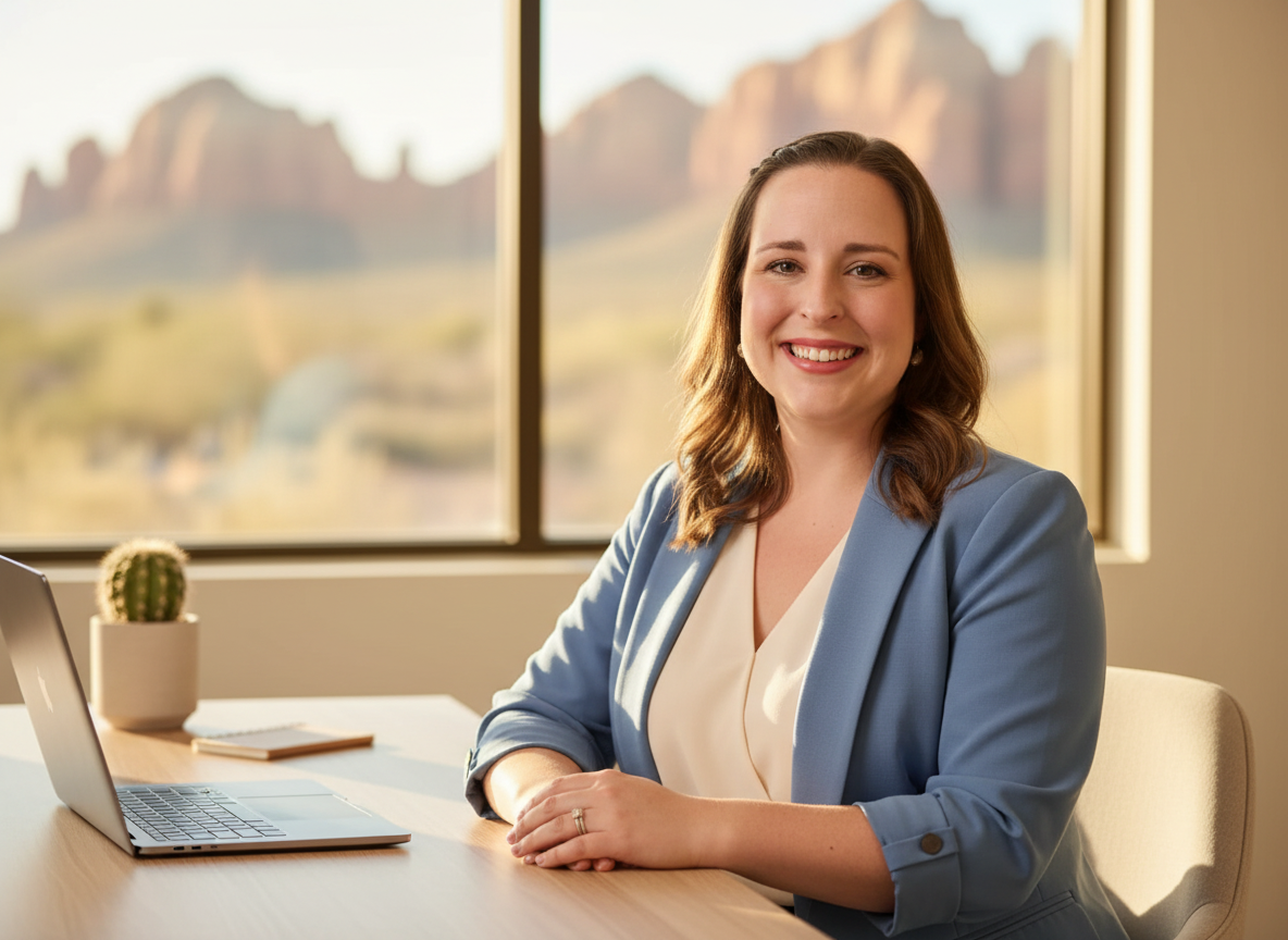 Professional portrait of JoAnna, founder of Endorse Me LLC, seated at a modern desk in a bright Arizona office with a warm smile. A small cactus and sunlight are visible in the background. Privacy Policy