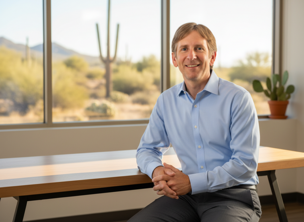 Professional portrait of Kenton, business document specialist at Endorse Me LLC, seated at a modern desk in a bright Arizona office with a warm, approachable smile. A small cactus and sunlight are visible in the background.