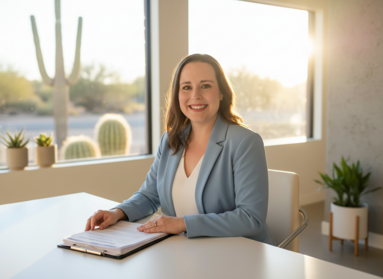JoAnna, founder of Endorse Me LLC, at a desk with probate documents in a bright Arizona office. Subtle desert elements like a cactus and sunlight are in the background.