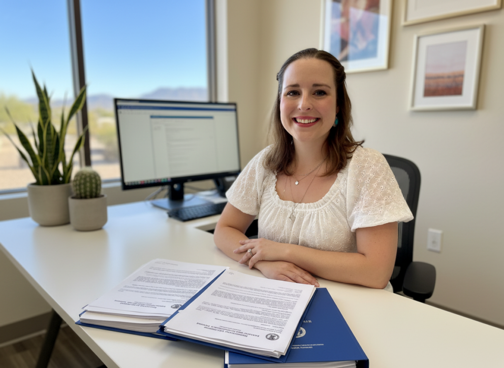 JoAnna, Certified Legal Document Preparer, at a desk with Arizona civil litigation documents in a bright office with sunlight, a cactus, and modern decor.