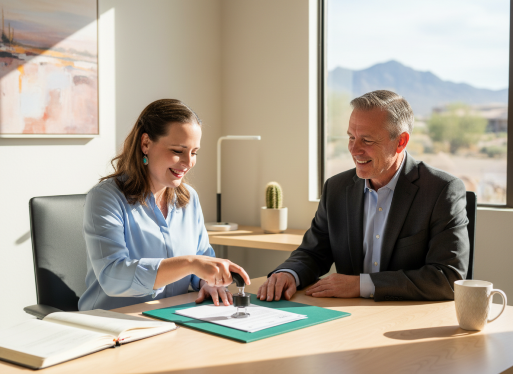 JoAnna in an office with a client who is a gentleman and she is doing an Arizona notarization. They are at a desk with a nice desert in the background in the window.