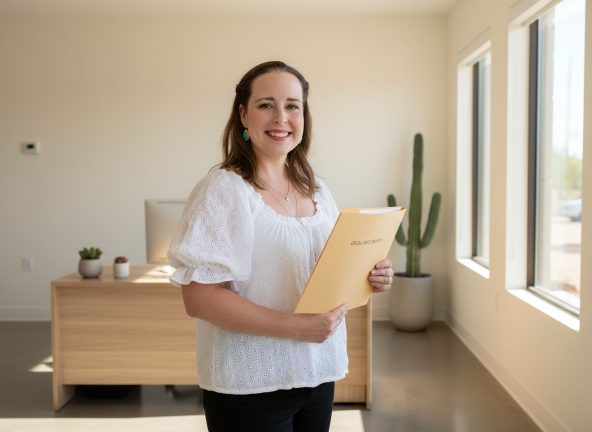 JoAnna, certified Arizona legal document preparer, stands in a bright office with legal documents, cactus, and sunlight.
