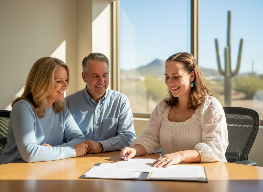 JoAnna, certified Arizona legal document preparer, reviews estate planning documents with two relieved clients in a bright office.
