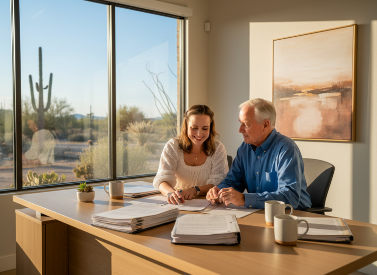 JoAnna, Certified Legal Document Preparer, sitting with an older client reviewing informal probate paperwork in a welcoming Arizona office with desert sunlight and a cactus.