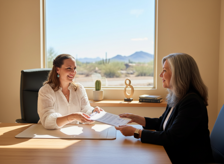 JoAnna, Arizona legal document preparer, handing signed informal probate documents to a client in a modern office with desert sunlight and a cactus in the background.