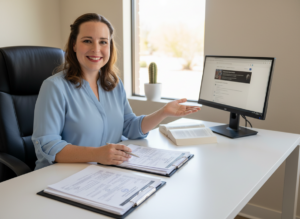 JoAnna, founder of Endorse Me LLC, at a desk with Arizona small claims court paperwork, ready to help. Sunlight and a cactus are in the background.