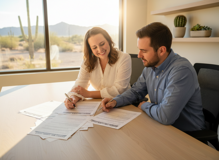 JoAnna, Certified Legal Document Preparer, sitting with a client in a bright Arizona office, reviewing small claims court paperwork together.