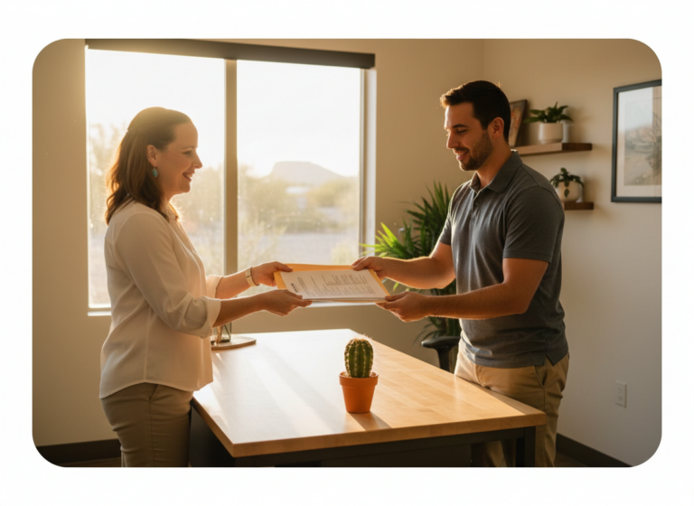 JoAnna, Certified Legal Document Preparer, handing completed Arizona small claims paperwork to a client in a bright office with sunlight and a cactus.