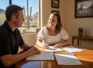 JoAnna consulting with a client at a round table, both reviewing Arizona small claims paperwork in a bright, welcoming office with sunlight and a cactus.