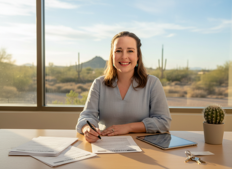 JoAnna, founder of Endorse Me LLC, at a desk with Arizona real estate deed preparation documents and keys in a bright Arizona office. A small cactus and sunlight are visible in the background.