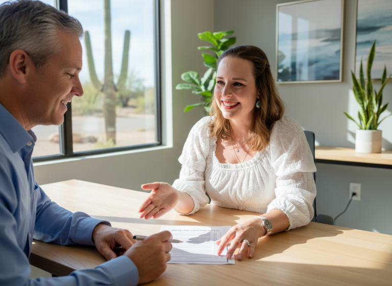 JoAnna and a client reviewing a checklist for Arizona small claims court at a desk in a modern office with sunlight and a cactus.