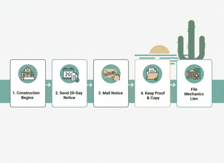 infographic showing the Arizona 20-day preliminary notice process: project begins, send notice within 20 days, mail via certified mail, keep proof, file lien if unpaid, with icons and cactus